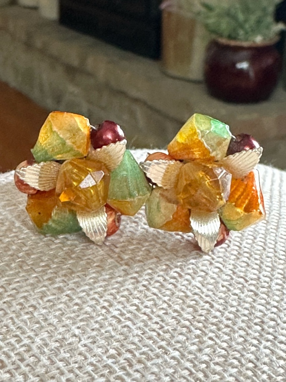 Marked Hong Kong Vintage Floral Cluster Clip-On Earrings in Green, Orange & Gold